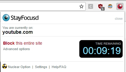 Za gledanje YouTuba imamo še nekaj več kot devet minut časa. Nato bo StayFocusd blokiral dostop do YouTuba in nas prisilil k delu. 