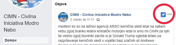 Objavo s člankom in fotografijo Donalda Trumpa na letalu so administratorji profila Civilna Iniciativa Modro Nebo celo pripeli na vrh strani, kar pomeni, da ji kot domnevnemu dokazu v podporo njihovim argumentom pripisujejo še posebej veliko težo. | Foto: Matic Tomšič / Posnetek zaslona