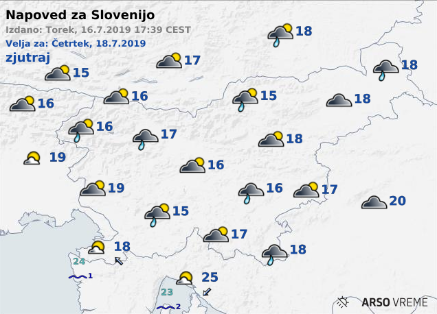 V noči na četrtek bo oblačno, v severnem delu Slovenije lahko pričakujemo tudi padavine, ki bodo do jutra ponehale. | Foto: Arso/meteo.si