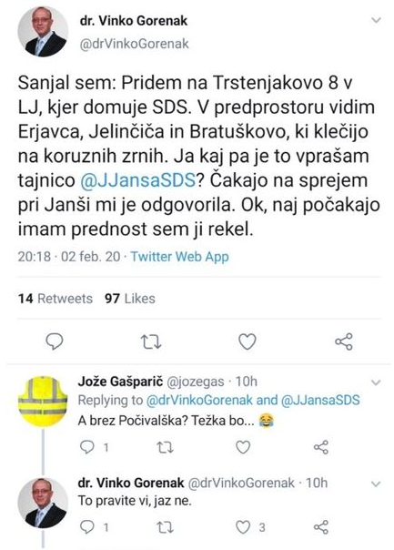 Tvit nekdanjega poslanca SDS Vinka Gorenaka | Foto: Twitter - Voranc