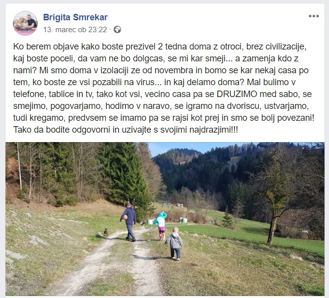 Brigitin zapis na Facebooku v petek 13. marca, dan zatem, ko je bila v Sloveniji razglašena epidemija.