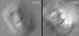 Na levi fotografija obraza na Marsu iz leta 1976 in na desni fotografija iz leta 1998, ki je posneta s približno desetkrat boljšo resolucijo. | Foto: NASA