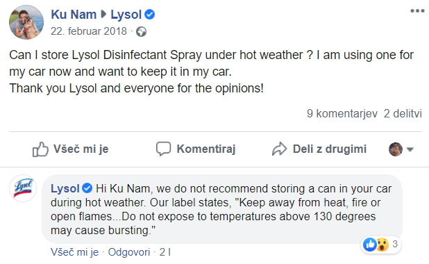 Lysol na spletu javno opozarja, da pločevink z njihovim razkužilom ni pametno shranjevati tam, kjer lahko temperatura zraka preseže 54,4 stopinje Celzija (preračunano iz stopinj Fahrenheita, enote, ki jo za merjenje temperature uporabljajo v ZDA).  | Foto: Matic Tomšič / Posnetek zaslona