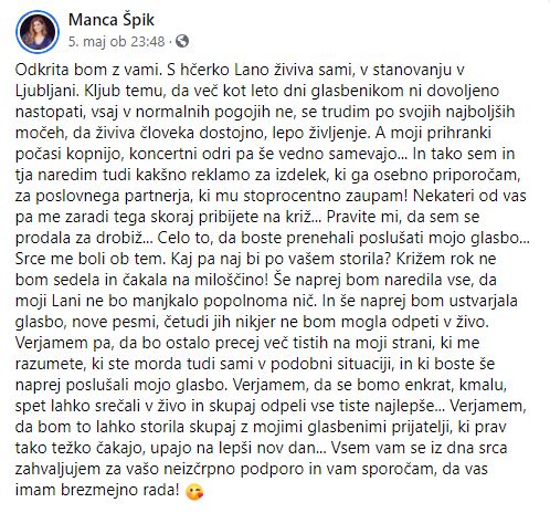 Zapis Mance Špik | Foto: Facebook