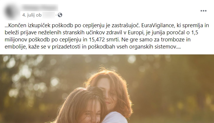 Glede na to, da gre po razlagi Evropske agencije za zdravila za napačno interpretacijo podatkov v bazi EudraVigilance, zapis ni nedolžen. Že izvirno objavo je na Facebooku prek profila Iniciativa slovenskih zdravnikov delilo več kot 1.300 uporabnic in uporabnikov, prek nadaljnjih delitev pa je ta številka še precej višja.  | Foto: Matic Tomšič / Posnetek zaslona