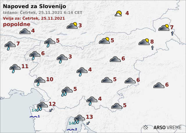 Zvečer in ponoči se bodo padavine okrepile in prehodno zajele vso državo. V severni Sloveniji se bo meja sneženja lahko spustila do višje ležečih dolin. Najnižje jutranje temperature bodo od 1 do 4, na Primorskem od 5 do 10 stopinj Celzija. | Foto: ARSO Meteo