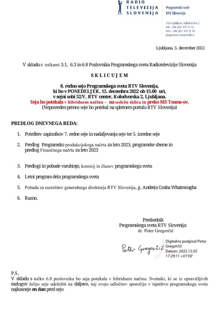Vabilo na sklic 8. redne seje Programskega sveta RTV Slovenija. | Foto: tukajsmo.info