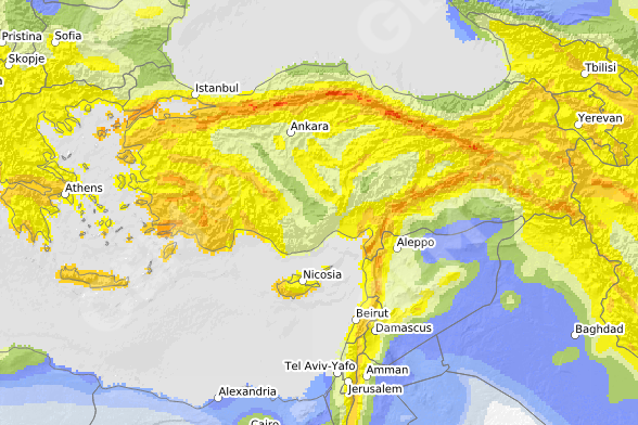 Prikaz območij seizmičnega tveganja v Turčiji. Oranžno-rdeči črti označujeta območja, pod katerimi potekata glavni tektonski prelomnici. | Foto: OpenQuake Map Viewer