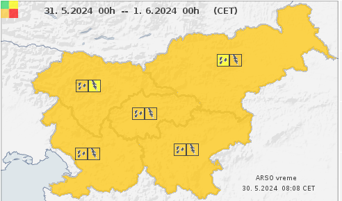 Arso je za petek za celo Slovenijo izdal oranžno opozorilo (za soboto tudi za vzhod države). | Foto: ARSO Meteo