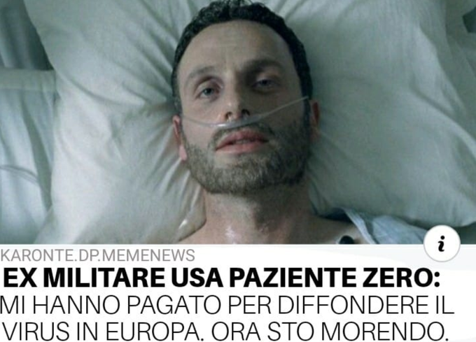 "Nekdanji ameriški vojak je pacient nič: plačali so mi, da sem virus širil po Evropi, zdaj pa umiram," je zapisano ob prizoru iz svetovno znane TV-serije The Walking Dead, mož na sliki pa je britanski igralec Andrew Lincoln. | Foto: Facebook / Posnetek zaslona
