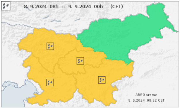 Arso je izdal oranžno opozorilo zaradi neviht z močnimi nalivi. Velja od 18. ure za zahodno Slovenijo oziroma od 21. ure za osrednjo in jugovzhodno Slovenijo do ponedeljka do 8. ure zjutraj. | Foto: Arso