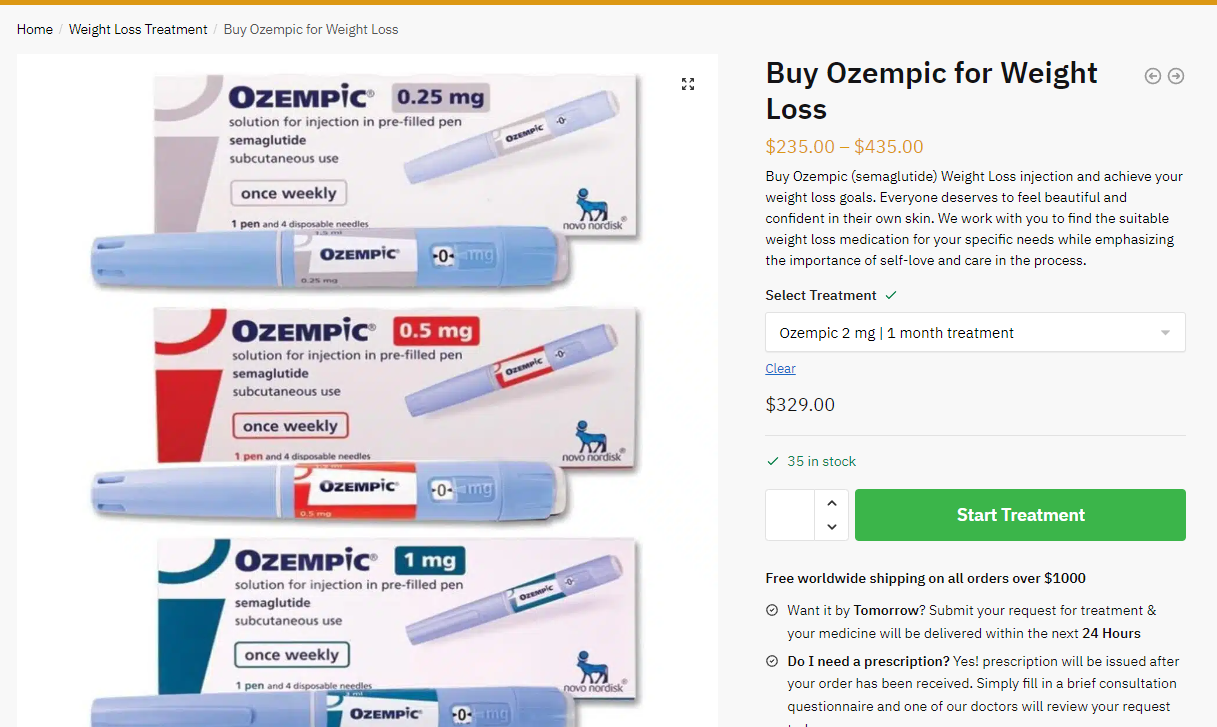 Uma das lojas que (supostamente) vende Ozempic. Não é possível determinar quem dirige a loja ou qual empresa ou indivíduo está por trás dela, pois esta informação não está disponível no site. | Foto: captura de tela