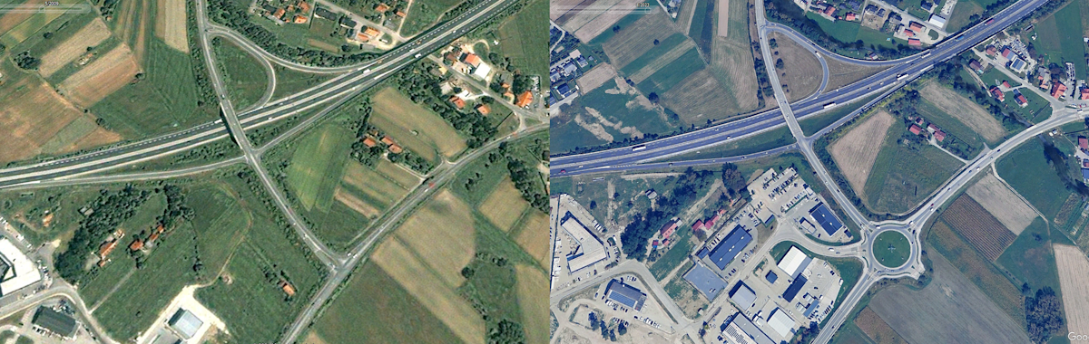 Google Earth Pro, mesmo local perto de Ločica ob Savinja, com 15 anos de diferença. Imagem de satélite à esquerda de 2009, à direita de 2024. | Foto: Google