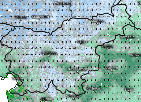 Karta jutranjih temperatur pri tleh. V večjem delu države, še posebej na mostovih in nadvozih, je možna poledica. | Foto: meteologix