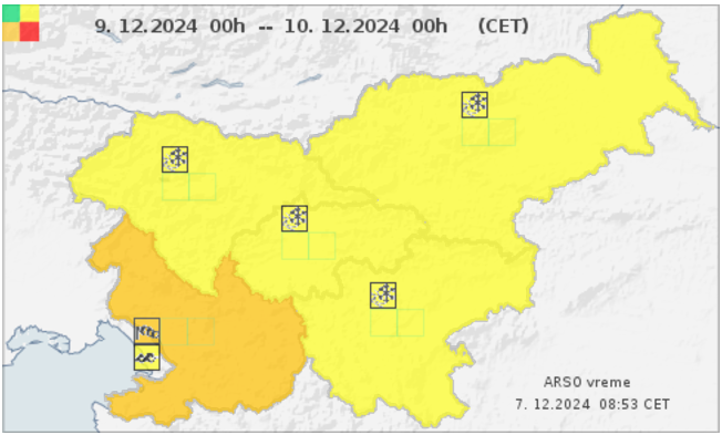 Na agenciji za okolje so za jugozahodno Slovenijo izdali oranžno opozorilo zaradi močne burje. Opozorilo velja v nedeljo in ponedeljek. V ponedeljek popoldne bo burja oslabela. Izdali so tudi rumeno hidrološko opozorilo zaradi kombinacije povišane morske gladine in visokih valov. Za preostali del države so izdali rumeno opozorilo zaradi možnih nevšečnosti zaradi snega. | Foto: Arso