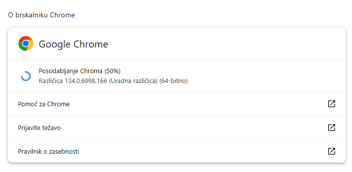 Postopek posodobitve brskalnika Google Chrome se začne takoj, ko odpremo okno "O Google Chromu", ki ga najdemo v glavnem meniju brskalnika v razdelku Pomoč.  | Foto: Posnetek zaslona