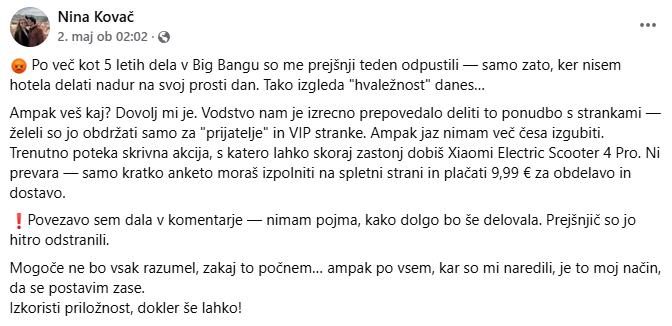 V tem primeru naj bi šlo za domnevno nekdanjo zaposleno pri trgovcu z elektroniko Big Bang, ki naj bi jo odpustili, ko je želela izkoristiti prost dan.  | Foto: Posnetek zaslona