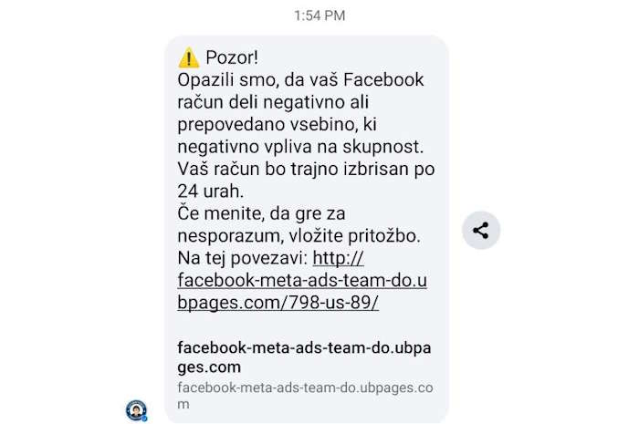 Sporočilo, ki ga je na Facebooku prejela naša bralka.  | Foto: Posnetek zaslona