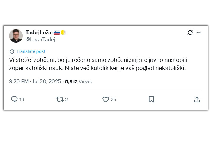 Takole je župnik Tadej Ložar kar prek omrežja X "izobčil" Francija Keka. | Foto: zajem zaslona/X