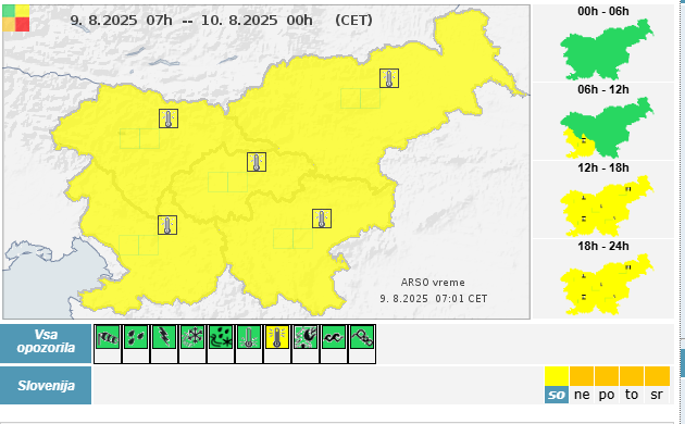 Za soboto je zaradi visokih temperatur Arso na območju celotne države izdal rumeno opozorilo. | Foto: Meteo