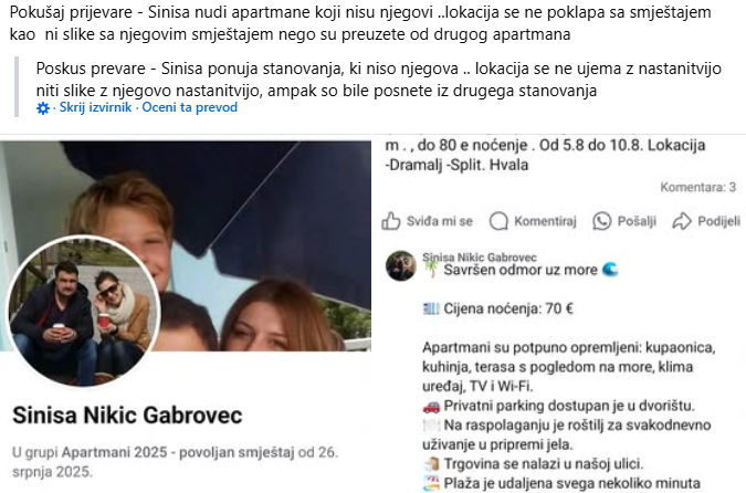 Goljufi, ki v različne skupine objavljajo oglase za namestitve, uporabljajo fotografije, ukradene uporabnikom drugih družbenih omrežij. Skoraj vsi ponujajo povsem opremljene apartmaje s parkirišči in pogosto tudi v neposredni bližini plaže.  | Foto: Posnetek zaslona