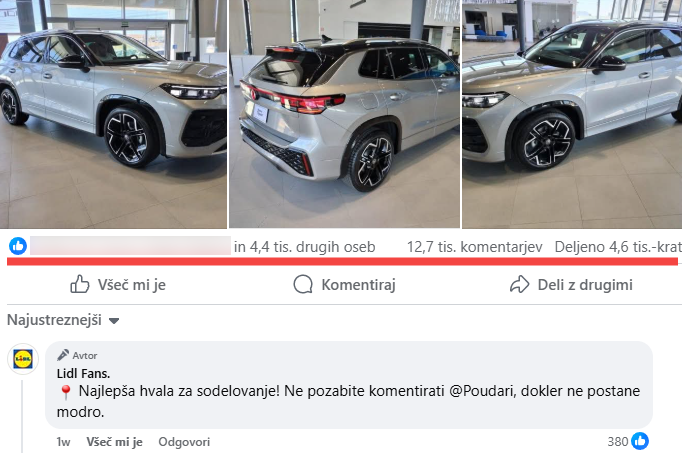 Osupljive številke delitev in komentarjev objave z lažnim žrebom za avtomobil.  | Foto: Posnetek zaslona
