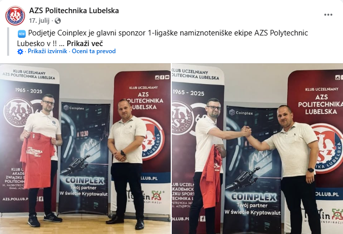 Prvoligaški poljski klub namiznega tenisa je sponzorsko partnerstvo s Coinplexom oznanil le nekaj več kot mesec dni pred kolapsom piramidne sheme.  | Foto: Posnetek zaslona