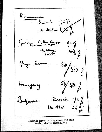 Kopija papirja, na katerega je Churchill napisal razdelitev vplivnih območij v Jugoslaviji, Grčiji, Bolgariji, Romuniji in na Madžarskem med Veliko Britanijo oziroma Zahodom in Sovjetsko zvezo.  | Foto: Wikimedia Commons