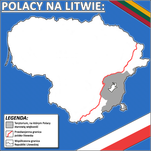 V Litvi, ki ima nekaj manj kot tri milijone prebivalcev, predstavljajo Poljaki okoli 6,5 odstotka prebivalstva in so najmočnejša manjšina. Sledijo jim Rusi s petimi odstotki. Na fotografiji rdeča črta poteka po poljsko-litovski med letoma 1920 in 1939. Sivo območje vzhodno od črte kaže, kje je poljska manjšina v Litvi najštevilčnejša. Litovski Poljaki niso najbolj zadovoljni s svojim položajem v Litvi. Svojih priimkov tudi ne morejo pisati po poljskem črkopisu. Eden od najbolj znanih pripadnikov poljske manjšine v Litvi Jan Sienkiewicz je tako v Litvi uradno Jan Senkevič. | Foto: Wikimedia Commons
