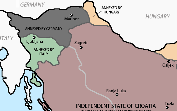 Korošec se je zelo bal, da se bo po razpadu kraljeve Jugoslavije zgodilo ponovno razkosanje slovenskega ozemlja (prvo je bilo po prvi svetovni vojni). Njegovi strahovi so se leta 1941 uresničili, saj so vsi štirje slovenski sosedje zasedli del slovenskega ozemlja. Nemci so dobili Gorenjsko, Štajersko in Posavje, Madžari Prekmurje, Hrvati kot med Savo in Bregano, Italijani pa Ljubljano, Dolenjsko, Belo krajino in Notranjsko. | Foto: Wikimedia Commons