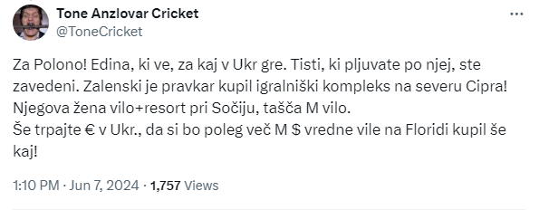 Na širitev lažne novice po družbenih omrežjih, prebila se je celo do Slovenije, kjer so ji uporabniki dodali trditev, da je žena Zelenskega med vojno kupila vilo in letovišče v Sočiju, kraju v Rusiji, se je odzval celo predsednik Cipra in informacijo, da naj bi ukrajinski predsednik na Cipru kupoval nepremičnine, označil za neresnično. | Foto: Posnetek  zaslona