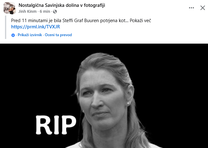 Steffi Graf, ki je v nasprotju z navedbami na Facebooku še vedno zelo živa, velja za eno najboljših teniških igralk vseh časov. Osvojila je 22 turnirjev za Grand Slam – več sta jih v svojih karierah dobili le še Američanka Serena Williams in Avstralka Margaret Court. | Foto: Posnetek  zaslona