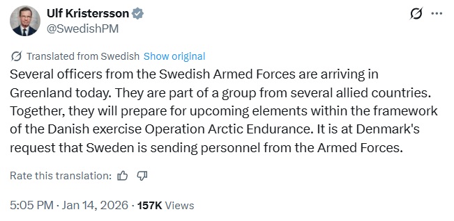 Prevod objave švedskega premiera na omrežju X | Foto: omrežje X/posnetek zaslona
