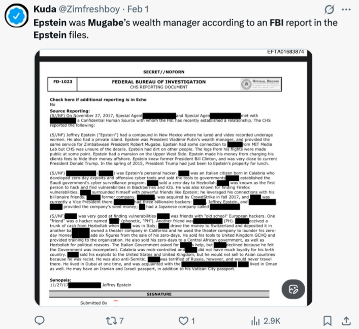 Med dokumenti, povezanimi z Epsteinom, je tudi dokument, v katerem je informacija, da je bil Epstein upravljalec premoženja Vladimirja Putina. | Foto: posnetek zaslona/X