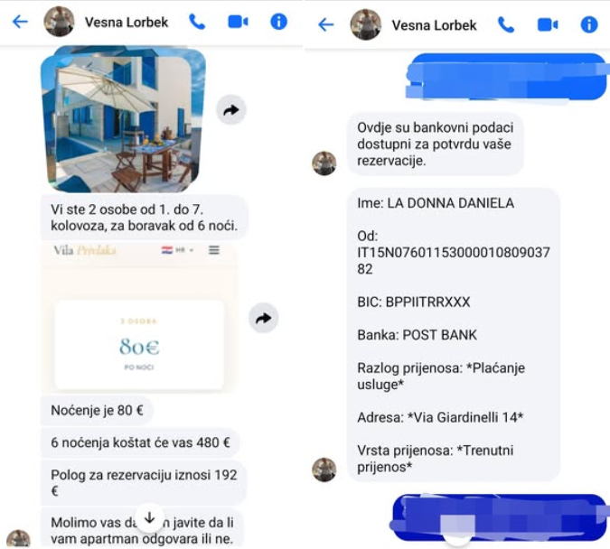Komunikacija z lažno najemodajalko izmišljenega apartmaja na Hrvaškem.  | Foto: Posnetek zaslona