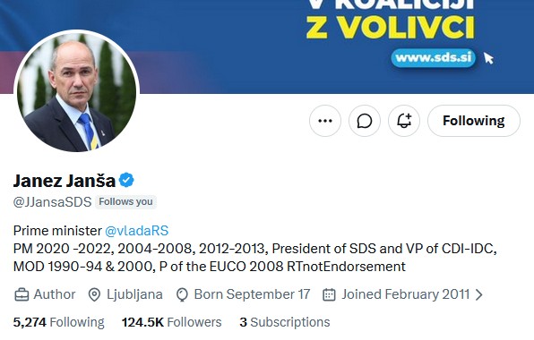 Predsednik vlade Janez Janša na omrežju X uporablja modro kljukico. | Foto: X/posnetek zaslona