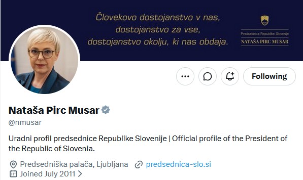Predsednica republike Nataša Pirc Musar ima na omrežju X sivo kljukico. | Foto: X/posnetek zaslona