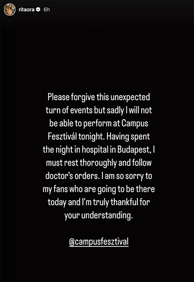Sporočilo o odpovedi koncerta v Budimpešti, ki ga je na svojem profilu na Instagramu objavila Rita Ora. | Foto: Instagram/@ritaora