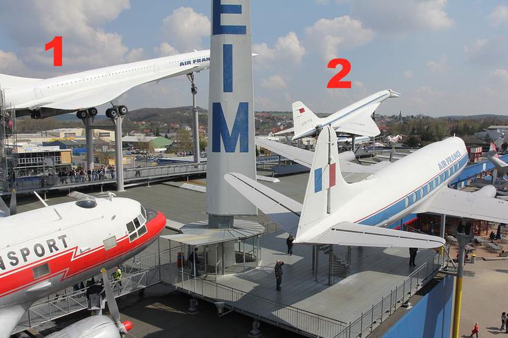 Concorde (1) in tupoljev tu-144 (2) na strehi avtomobilskega in tehničnega muzeja v Sinsheimu v Nemčiji  | Foto: Thomas Hilmes/Wikimedia Commons