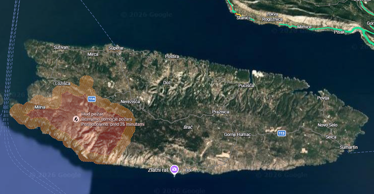 Požar na otoku Brač | Foto: Google maps