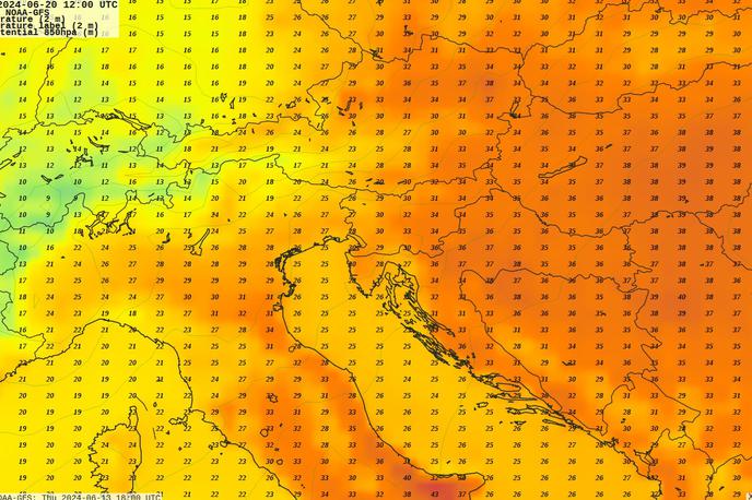 Mapa | Temperature se bodo na zadnji spomladanski dan, prihodnji četrtek, dvignile vse do 36 stopinj Celzija. V nekaterih krajih nekoliko vzhodneje in južneje od nas se bodo termometri povzpeli celo do 40 stopinj. | Foto XYgrib