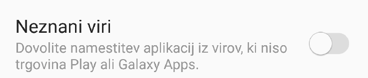 Eno od zagotovil, da se s trojanskimi konji, kot je Svpeng, ne bomo okužili, je, da izklopimo možnost nameščanja aplikacij iz neznanih virov oziroma jo izklopljeno pustimo že takoj, ko prvič zaženemo napravo. Android privzeto namreč zaupa samo aplikacijam, ki so na voljo v njegovi lastni digitalni trgovini Google Play oziroma na servisih enega od proizvajalcev naprav, kot je Samsungov Galaxy Apps. Če ne vemo točno, kaj počnemo, je nameščanje aplikacij iz neznanih virov najbolje pustiti pri miru.  | Foto: Matic Tomšič