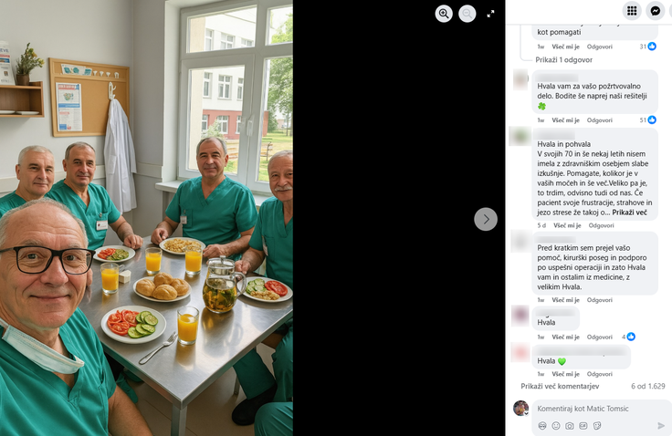 Kar 1.629 komentarjev z zahvalami je imela v torek fotografija zdravnikov, ki je nastala s pomočjo umetne inteligence. Kdor si bo fotografijo ogledal podrobneje in od blizu, sploh elemente v ozadju, bo lahko tudi sam potrdil, da z njo nekaj ni v redu. Enako velja za tako rekoč vse fotografije, ki jih objavlja stran Čarobna ideja.  | Foto: Posnetek zaslona