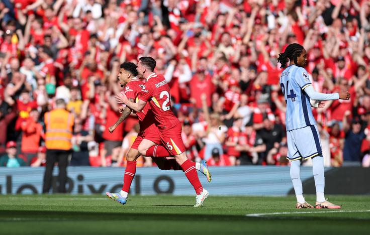 Liverpool je že ob polčasu vodil s 3:1. Strelci pa Luis Diaz, Alexis Mac Allister in Cody Gakpo. | Foto: Reuters