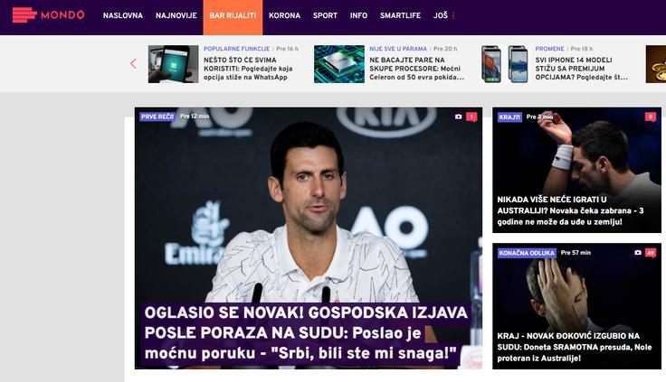 Afera Đokovića je tema številka 11 v srbskih medijih. Vsi pišejo o sramoti avstralskih oblasti. | Foto: 