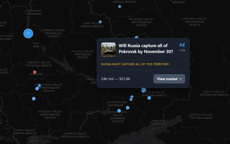 Prikaz stave na zemljevidu PolyGlobe: "Ali bo Rusija do 30. novembra zavzela celoten Pokrovsk?". V zadnjih 24 urah je bilo na to vprašanje na platformi Polymarket položenih za več kot 24 tisoč evrov stav.  | Foto: Posnetek  zaslona