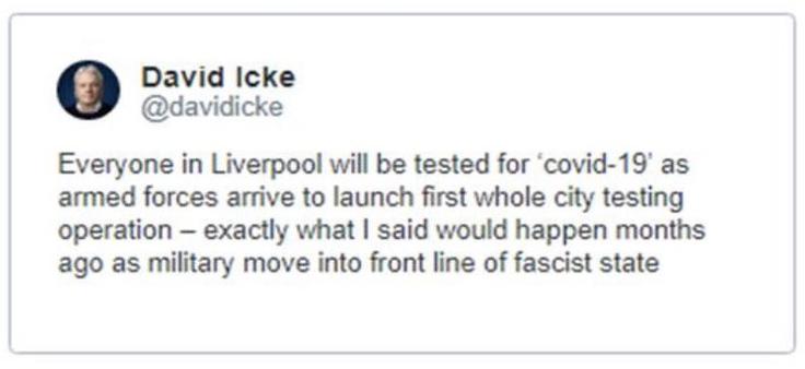 Kaplja čez rob: Ickejeva zavajajoča objava, da bo vojska vdrla v britansko mesto Liverpool in prebivalce prisilno testirala na prisotnost novega koronavirusa. Liverpool se res pripravlja na pilotni projekt masovnega periodičnega testiranja prebivalcev, a v to ne bodo silili nikogar, vojska pa bo nudila zgolj logistično podporo.  | Foto: Matic Tomšič / Posnetek zaslona