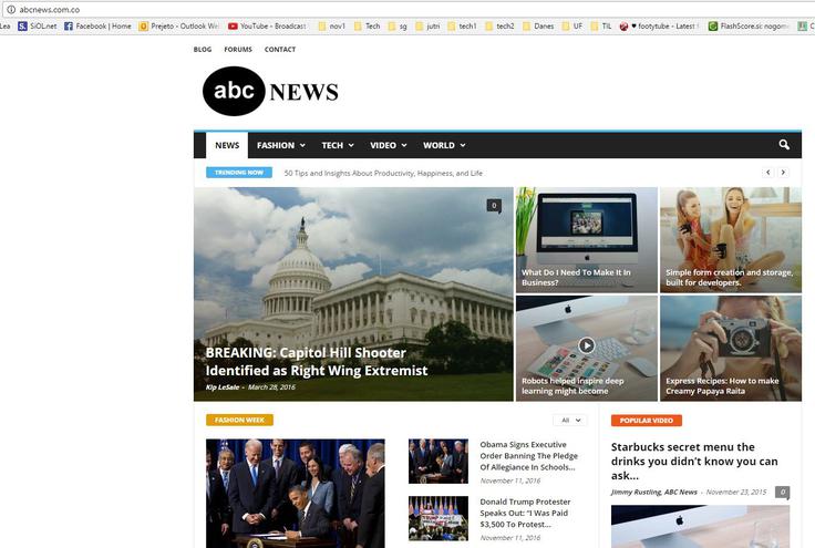 Primer, ki ga izpostavljajo v zadnjih tednih, je kopija ameriškega medija ABC News. Pravi medij gostuje na domeni abcnews.go.com, spletna stran, ki je na videz zelo podobna ABC News in občasno med kopirane legitimne novice vrine tudi kakšno lažno, pa na abcnews.com.co.  | Foto: 