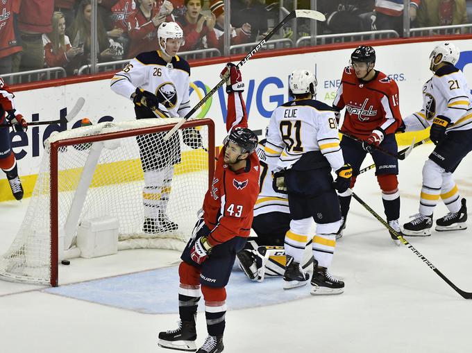 Tom Wilson je zadel za zmago prvakov proti Buffalu. | Foto: Reuters