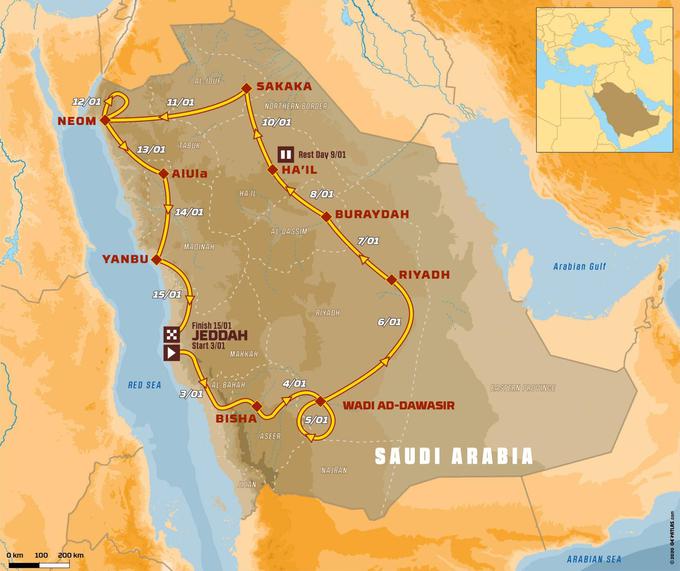 Trasa načrtovanega relija, ki bi se moral pričeti in končati v Jeddahu. | Foto: 